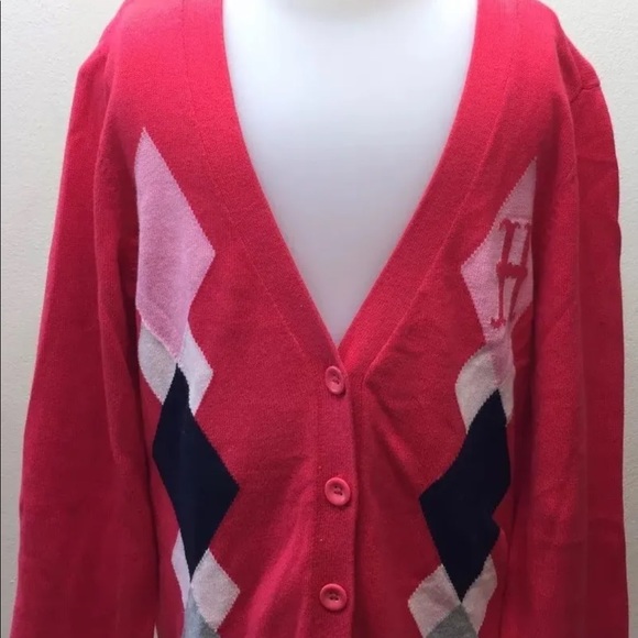 2/$20 Tommy Hilfiger Girl Cardigan Argyle Sweater Hot Pink L 12-14 Cotton - Picture 2 of 8